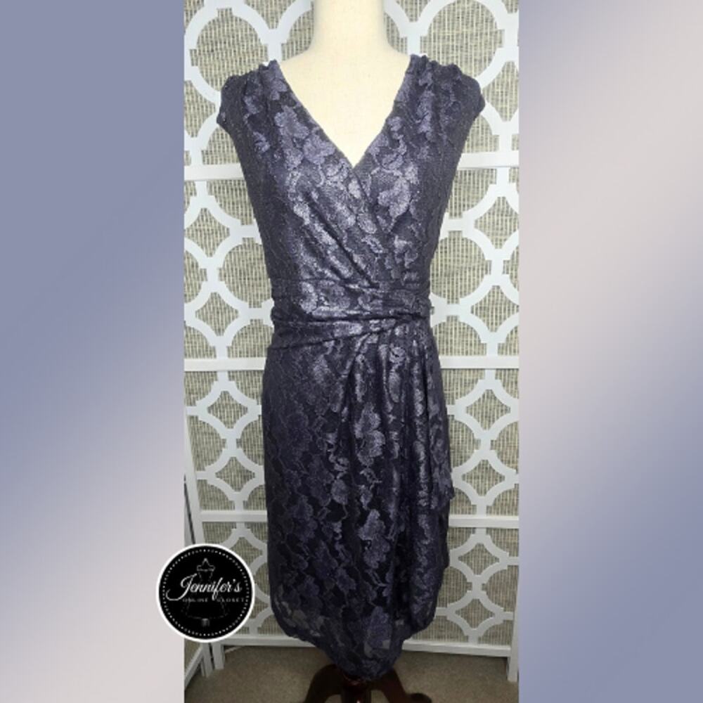Coldwater Creek NWT Metallic Slate Gray Floral Lace Twisted Waist Dress Size 14